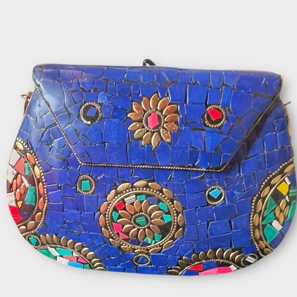 RAMLA Moriccan Handmade Mosaic Tile Handbag Blue with Gold - Picture 3 of 8